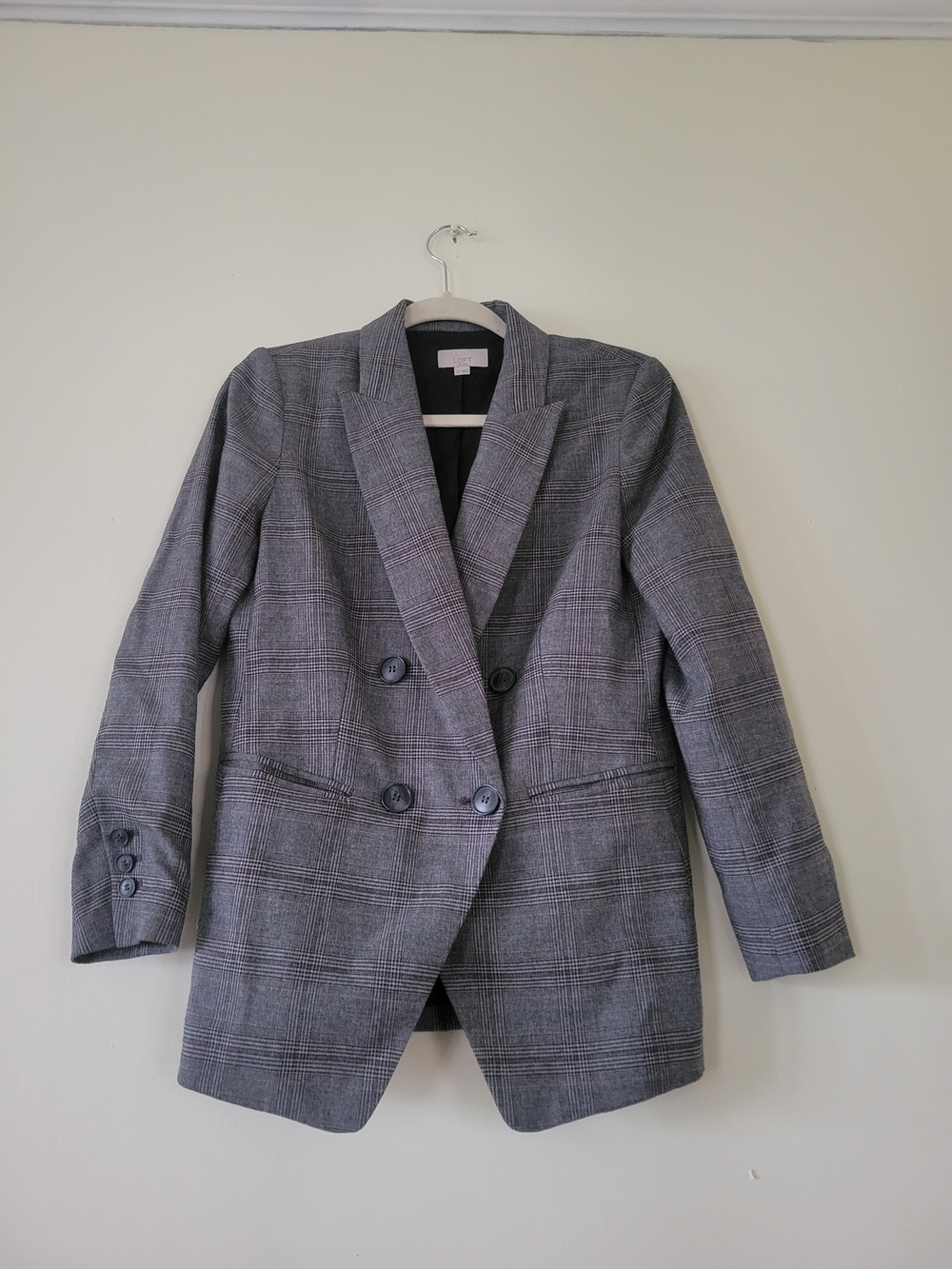 Classic Gray Plaid Double-Breasted Blazer - Women's Jacket